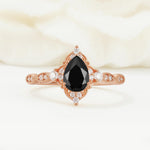 Vintage Pear Cut Black Onyx Scalloped Halo Engagement Ring - Additional view