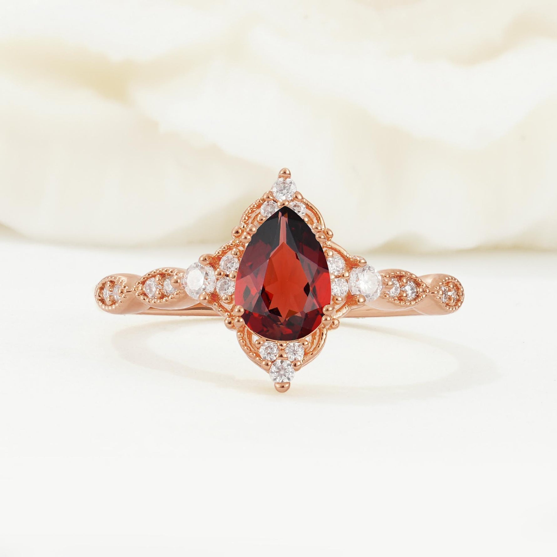 Vintage Pear Cut Garnet Scalloped Halo Engagement Ring - Additional view