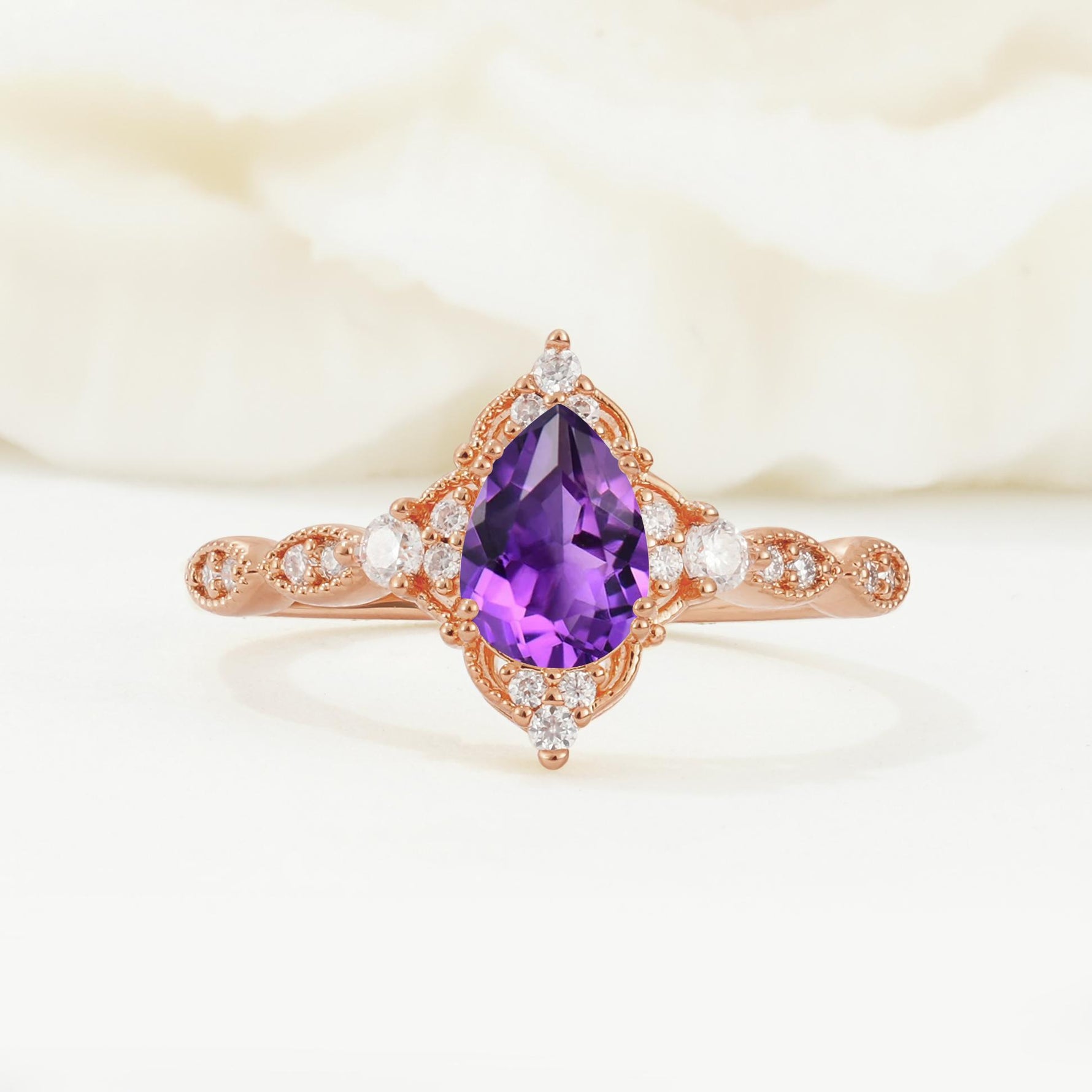 Vintage Pear Cut Amethyst Scalloped Halo Engagement Ring - Additional view