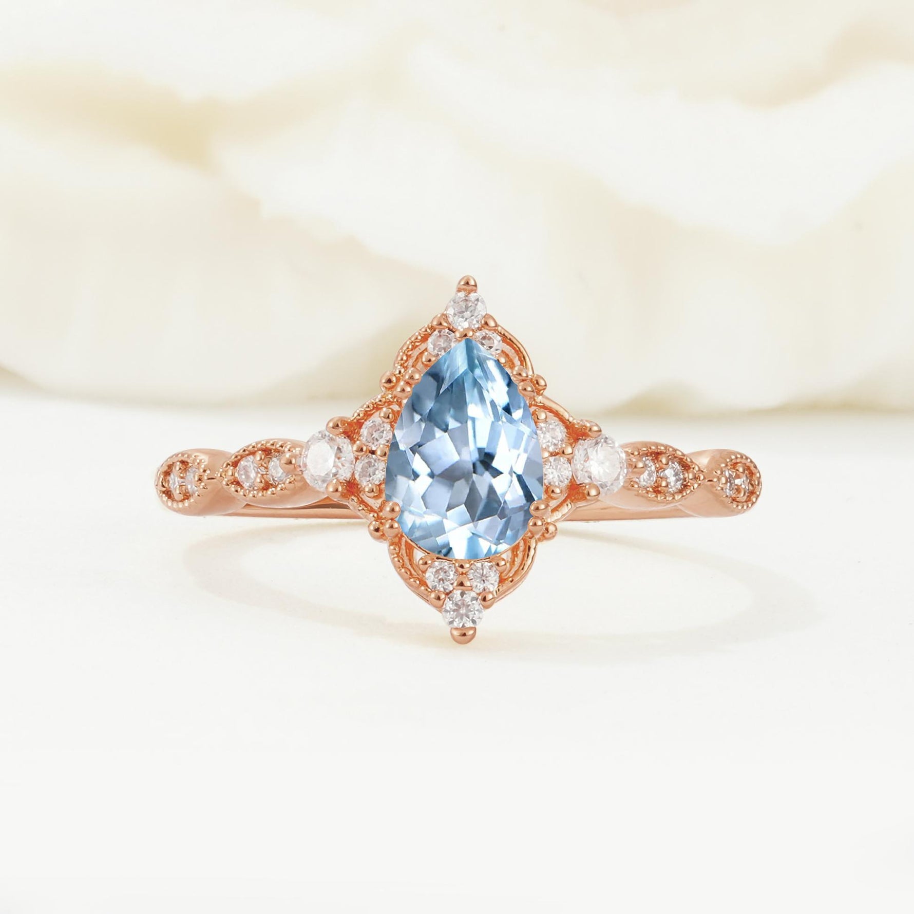 Vintage Pear Cut Aquamarine Scalloped Halo Engagement Ring - Additional view