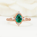 Vintage Pear Cut Emerald Scalloped Halo Engagement Ring - Additional view