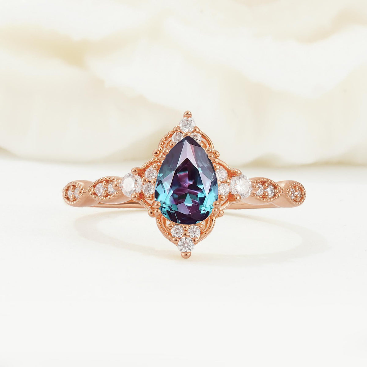 Vintage Pear Cut Alexandrite Scalloped Halo Engagement Ring - Additional view
