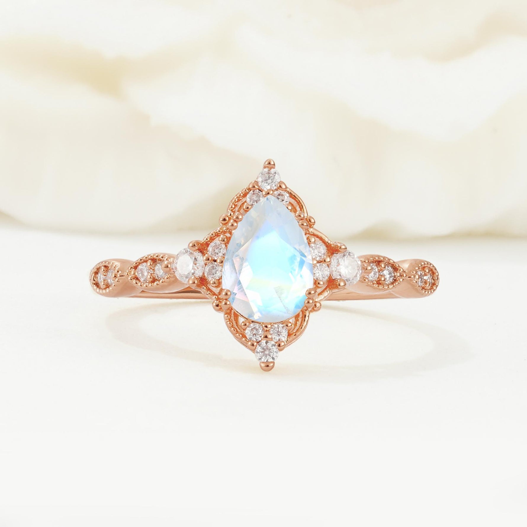 Vintage Pear Cut Moonstone Scalloped Halo Engagement Ring - Additional view