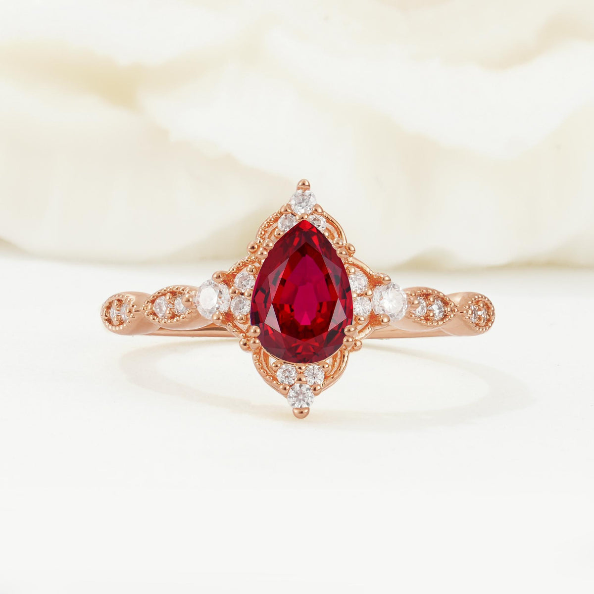 Vintage Pear Cut Ruby Scalloped Halo Engagement Ring - Additional view