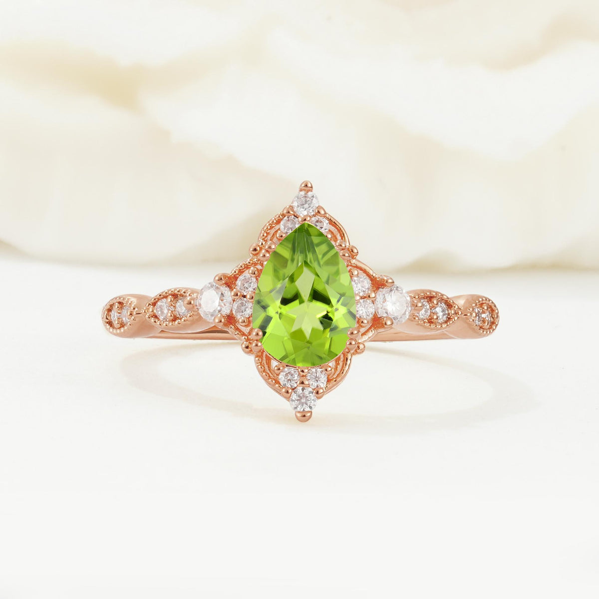 Vintage Pear Cut Peridot Scalloped Halo Engagement Ring - Additional view