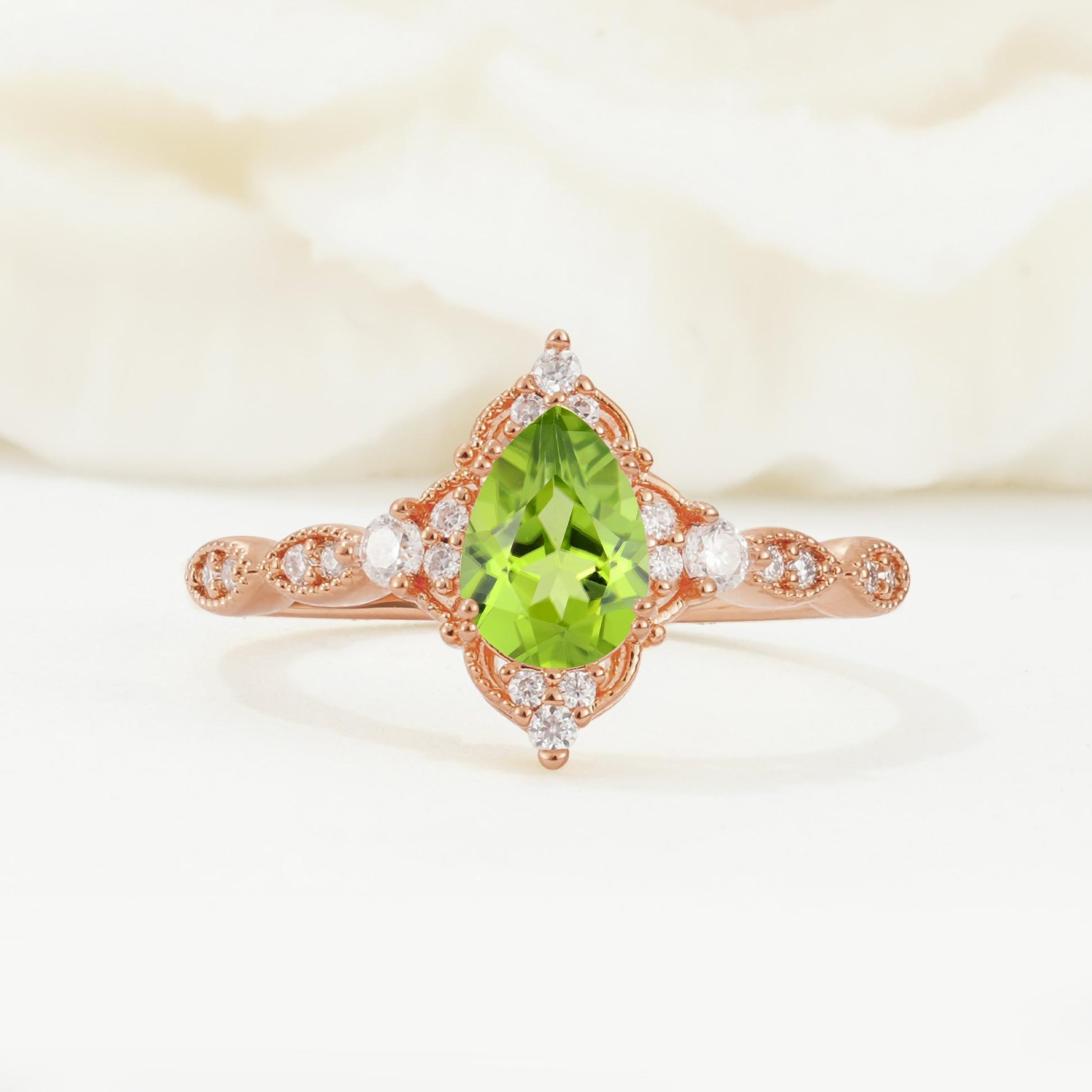Vintage Pear Cut Peridot Scalloped Halo Engagement Ring - Additional view