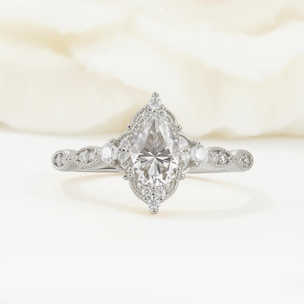 Vintage Pear Cut Moissanite Scalloped Halo Engagement Ring - Additional view