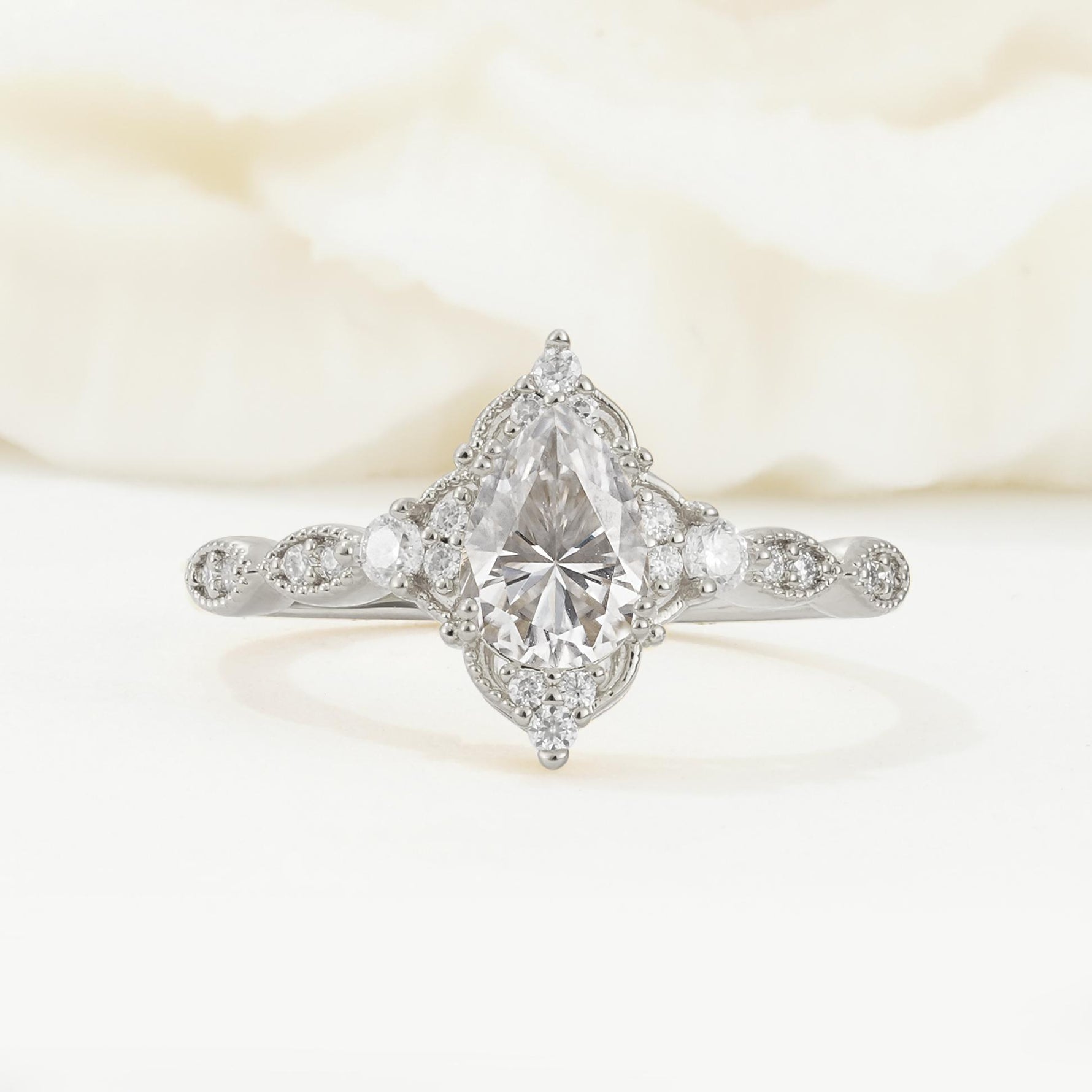 Vintage Pear Cut Moissanite Scalloped Halo Engagement Ring - Additional view