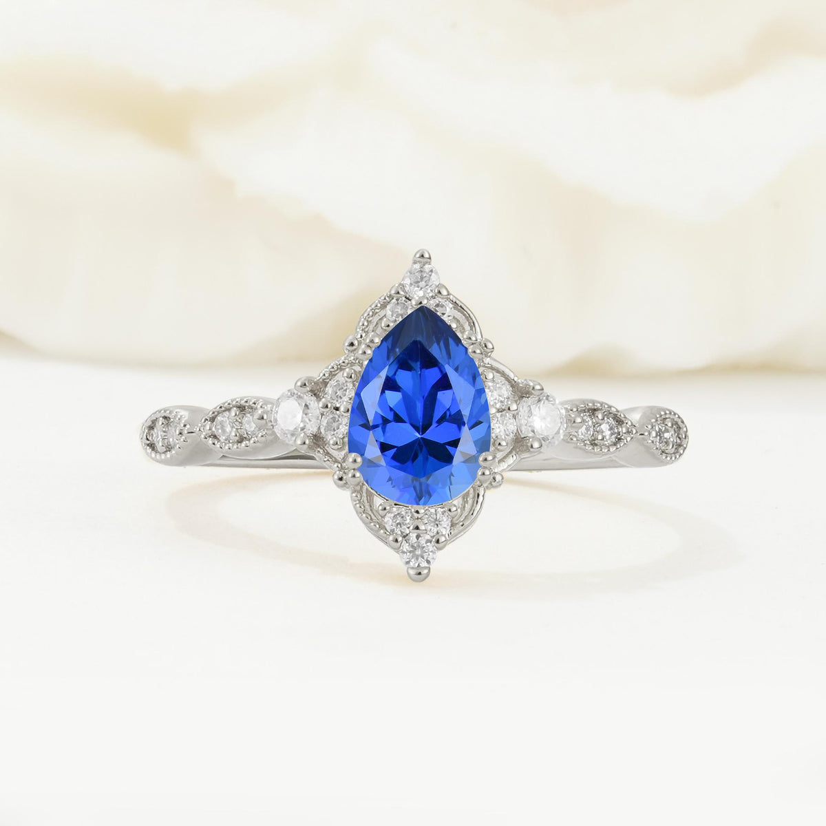 Vintage Pear Cut Sapphire Scalloped Halo Engagement Ring - Additional view