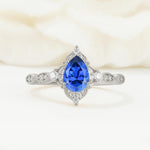 Vintage Pear Cut Sapphire Scalloped Halo Engagement Ring - Additional view