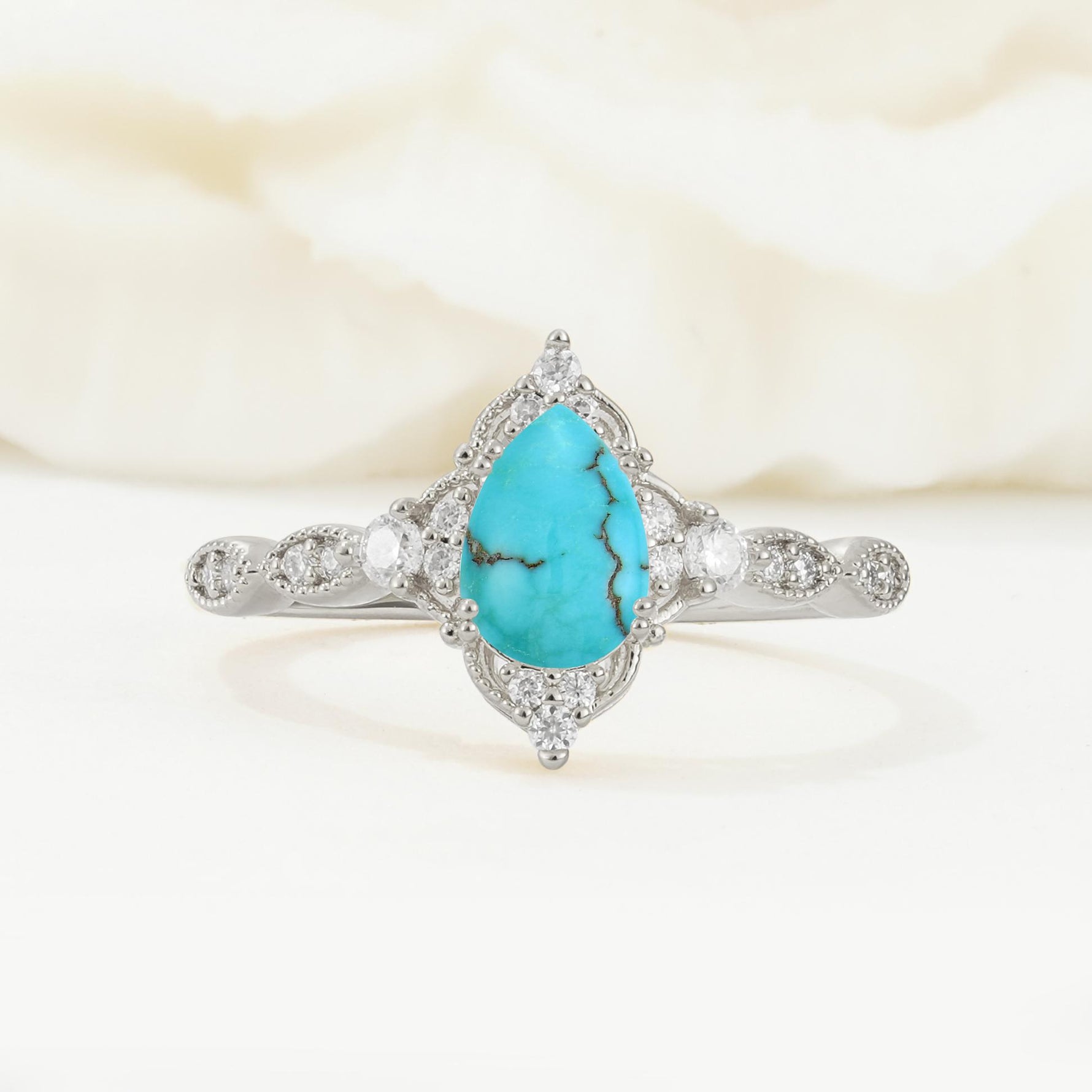 Vintage Pear Cut Turquoise Scalloped Halo Engagement Ring - Additional view