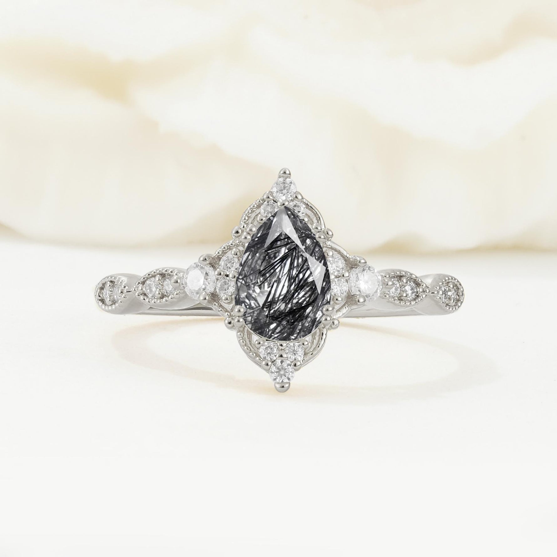 Vintage Pear Cut Black Rutilated Quartz Scalloped Halo Engagement Ring - Additional view