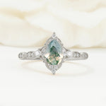 Vintage Pear Cut Moss Agate Scalloped Halo Engagement Ring - Additional view