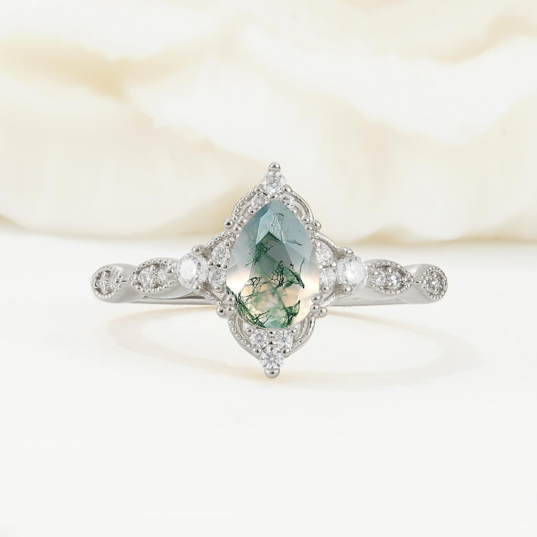 Vintage Pear Cut Moss Agate Scalloped Halo Engagement Ring - Additional view