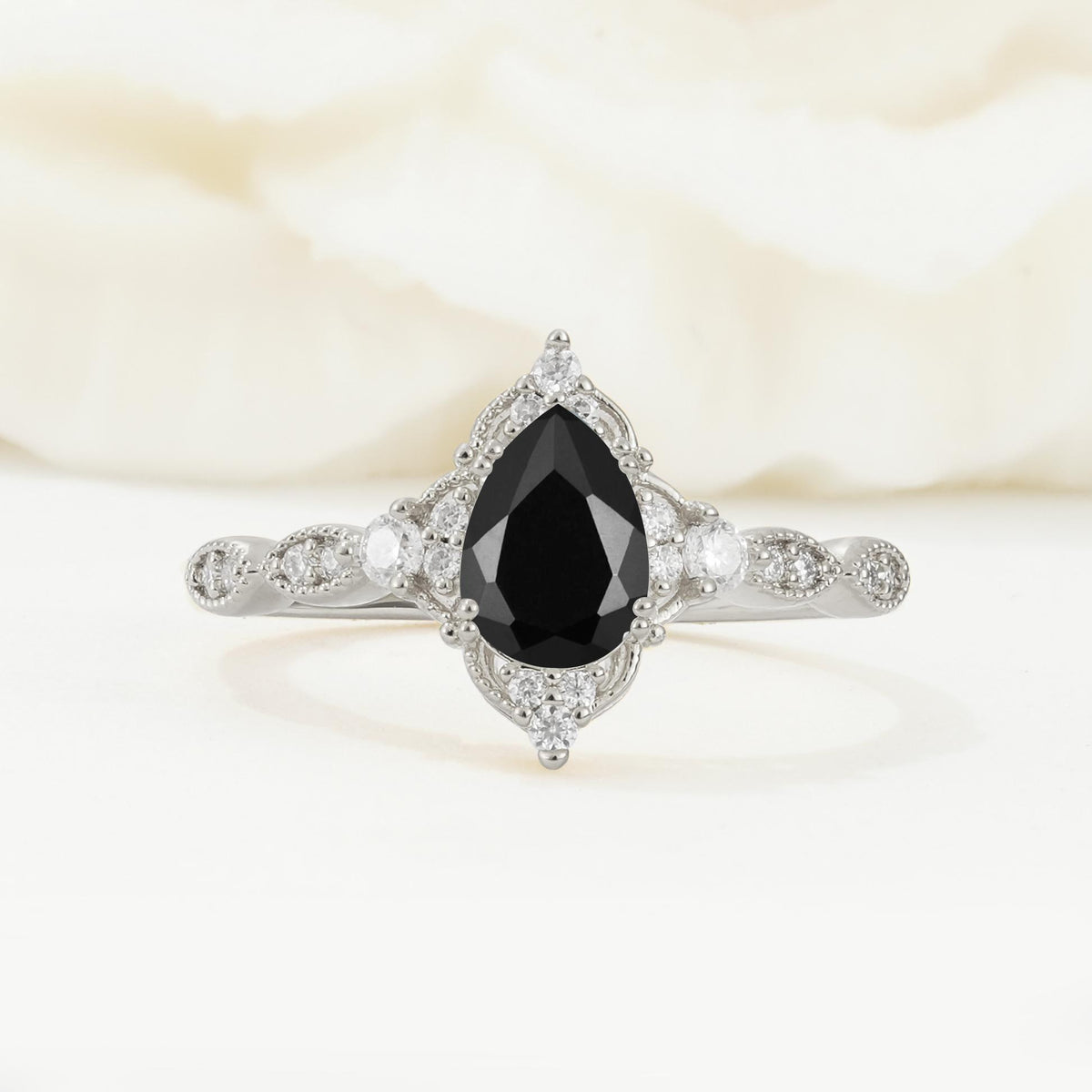 Vintage Pear Cut Black Onyx Scalloped Halo Engagement Ring - Additional view