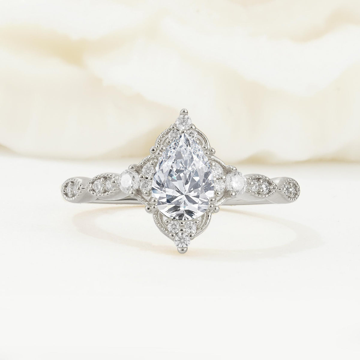 Vintage Pear Cut Lab Diamond Scalloped Halo Engagement Ring - Additional view