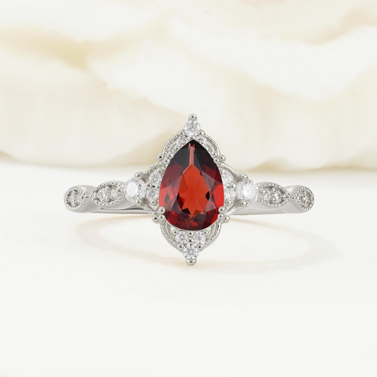 Vintage Pear Cut Garnet Scalloped Halo Engagement Ring - Additional view