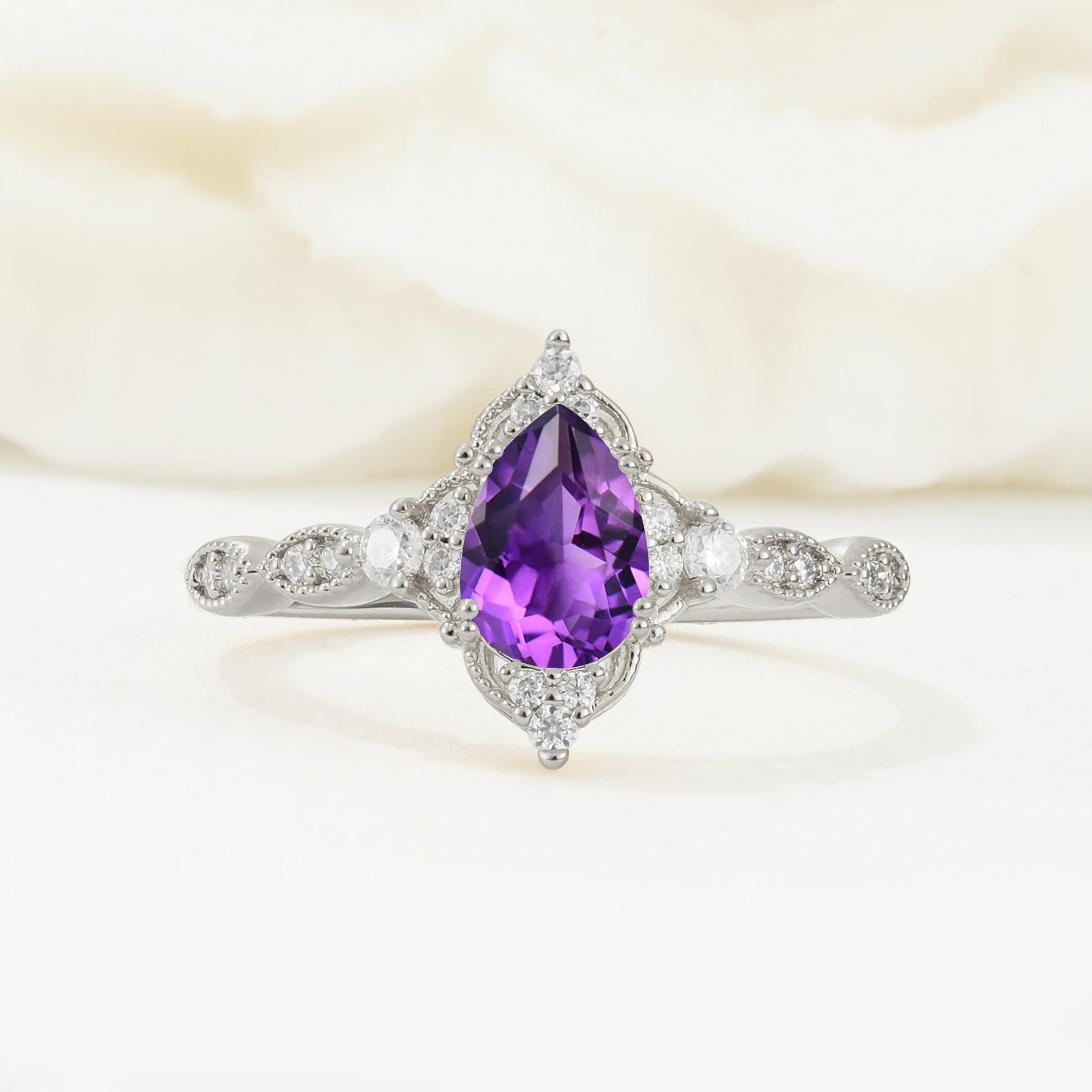 Vintage Pear Cut Amethyst Scalloped Halo Engagement Ring - Additional view