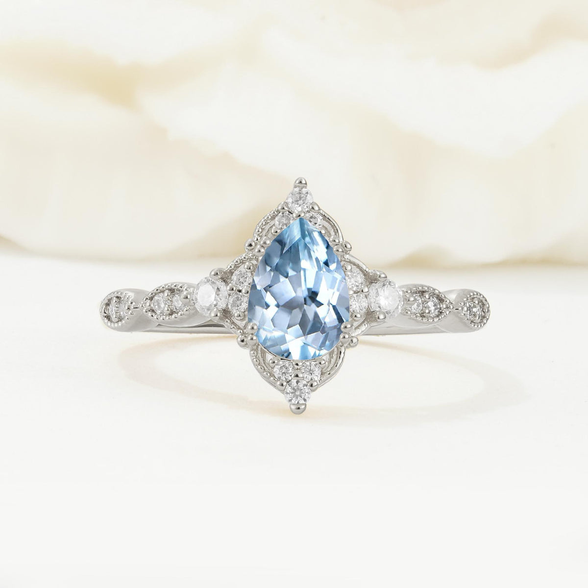 Vintage Pear Cut Aquamarine Scalloped Halo Engagement Ring - Additional view