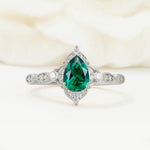 Vintage Pear Cut Emerald Scalloped Halo Engagement Ring - Additional view