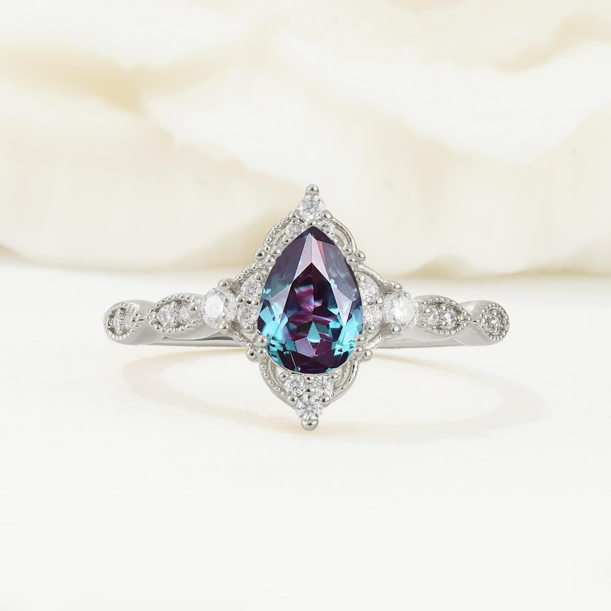 Vintage Pear Cut Alexandrite Scalloped Halo Engagement Ring - Additional view