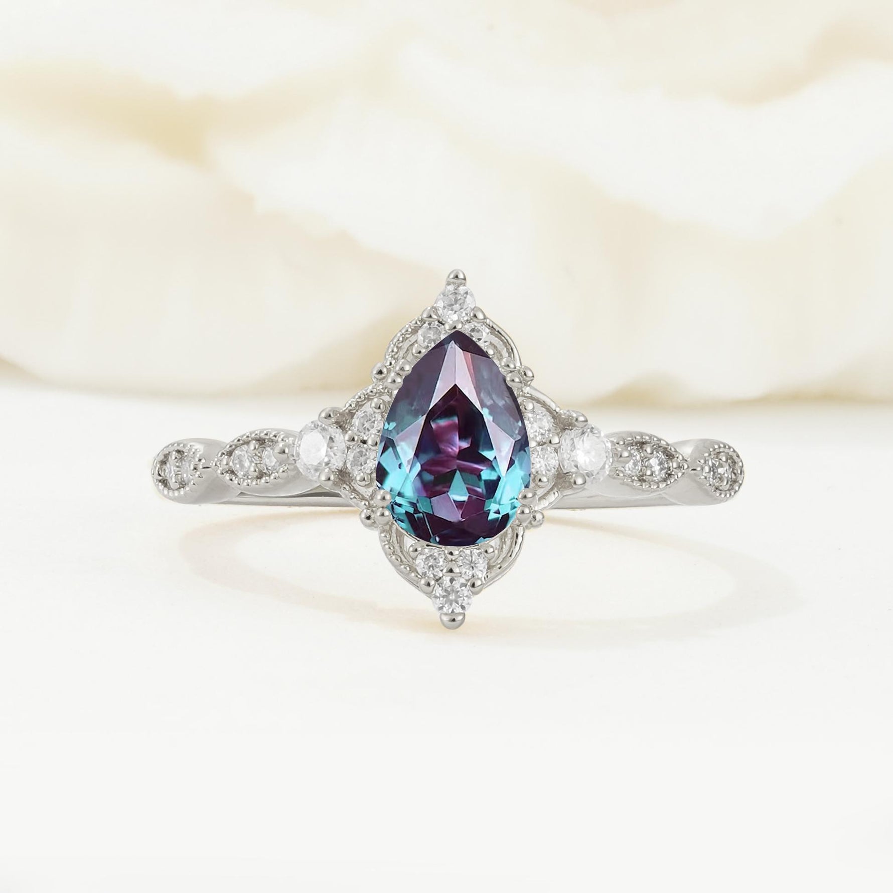 Vintage Pear Cut Alexandrite Scalloped Halo Engagement Ring - Additional view