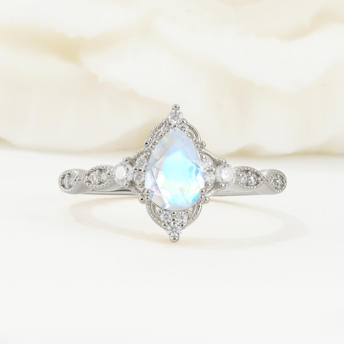Vintage Pear Cut Moonstone Scalloped Halo Engagement Ring - Additional view