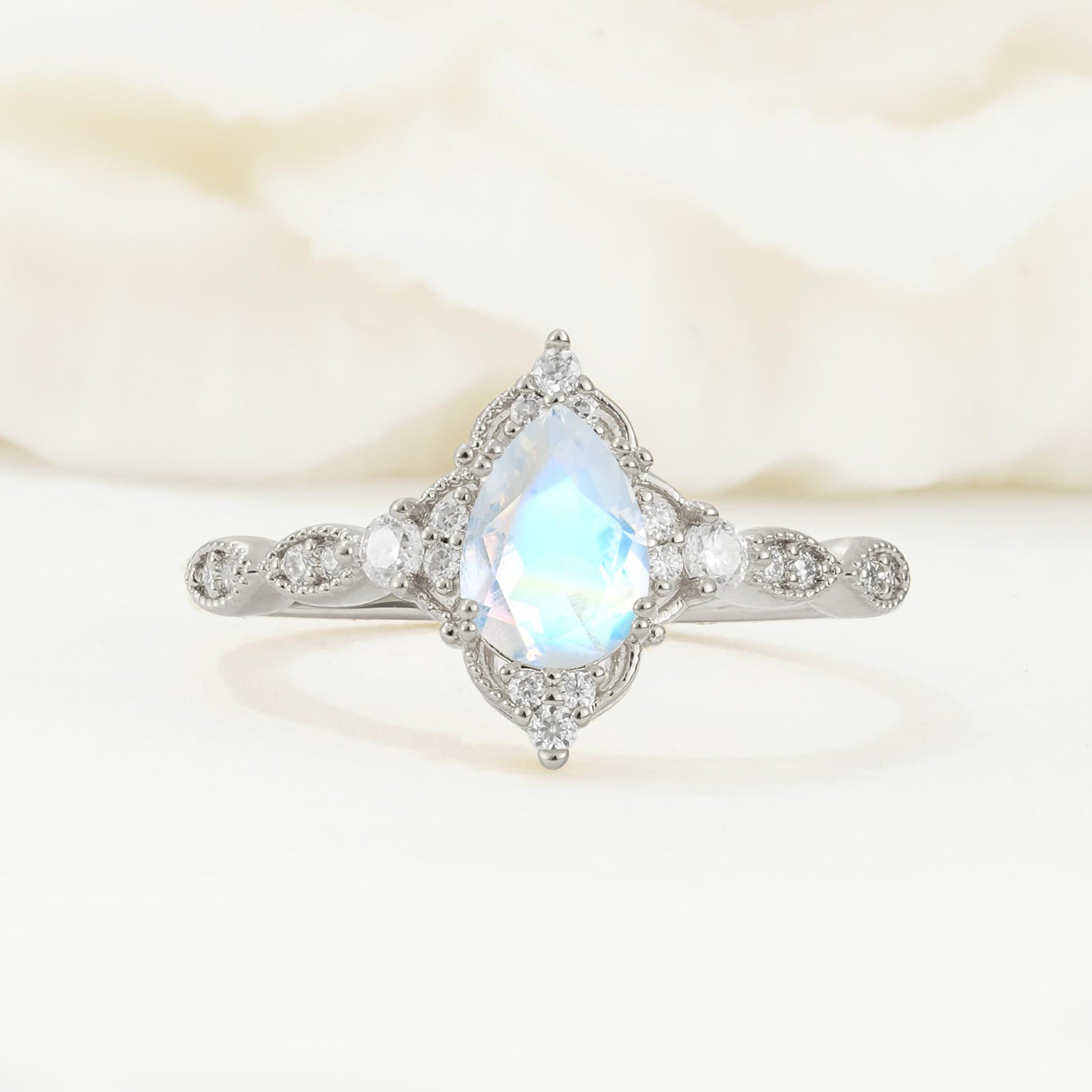 Vintage Pear Cut Moonstone Scalloped Halo Engagement Ring - Additional view