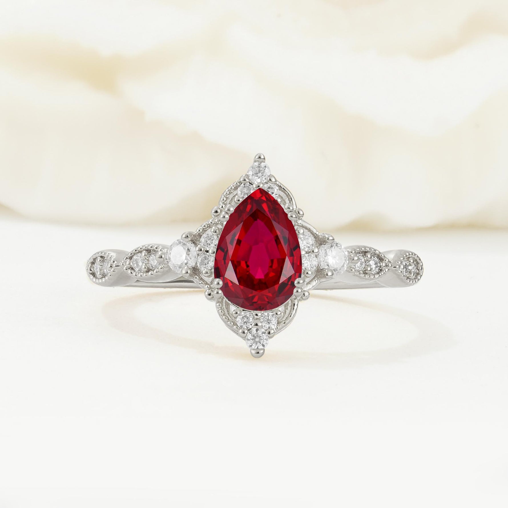 Vintage Pear Cut Ruby Scalloped Halo Engagement Ring - Additional view