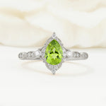 Vintage Pear Cut Peridot Scalloped Halo Engagement Ring - Additional view