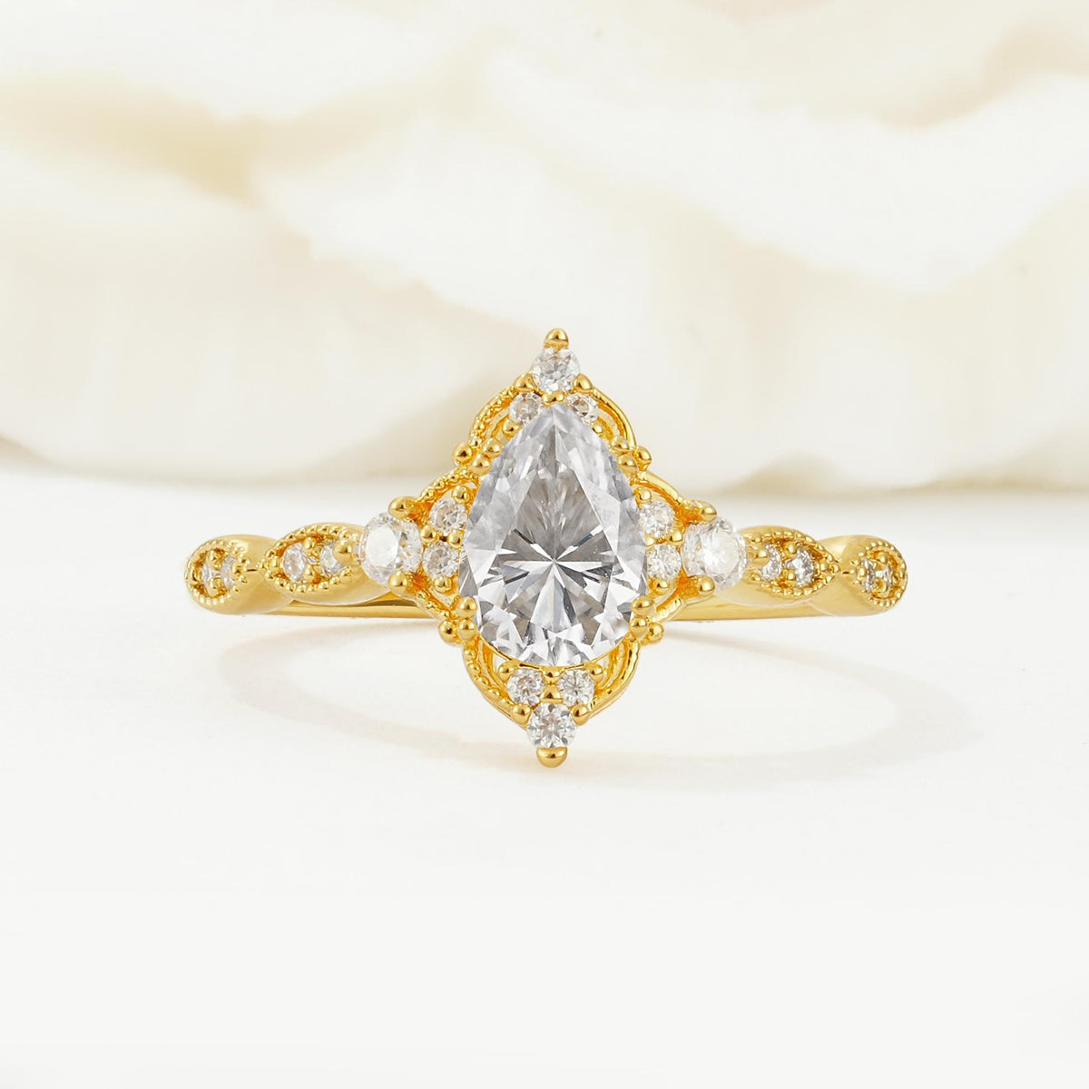 Vintage Pear Cut Moissanite Scalloped Halo Engagement Ring - Additional view