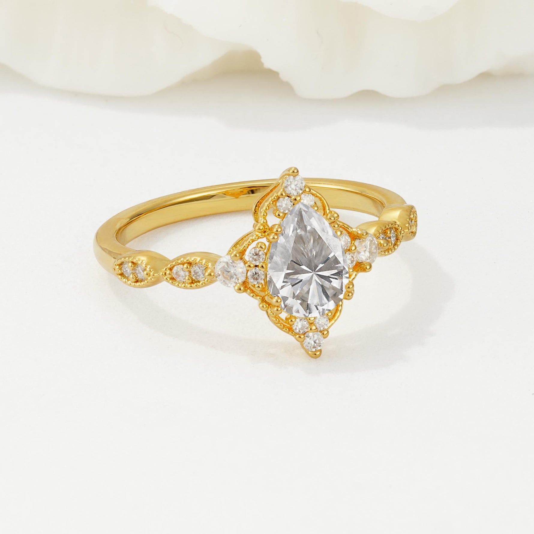 Vintage Pear Cut Moissanite Scalloped Halo Engagement Ring - Additional view