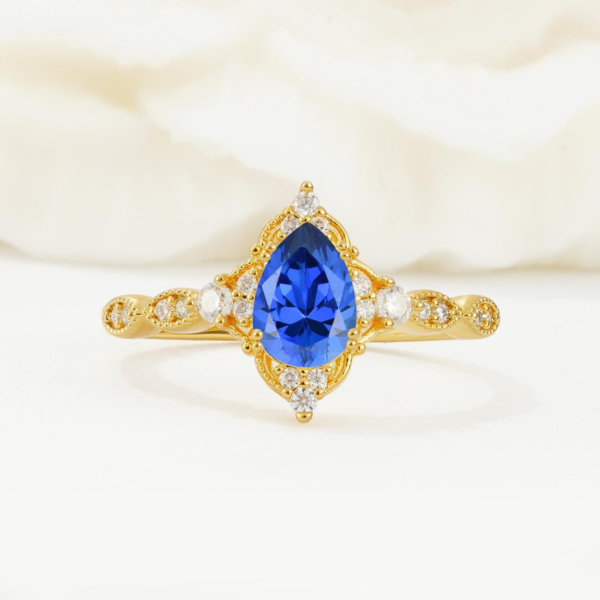 Vintage Pear Cut Sapphire Scalloped Halo Engagement Ring - Additional view