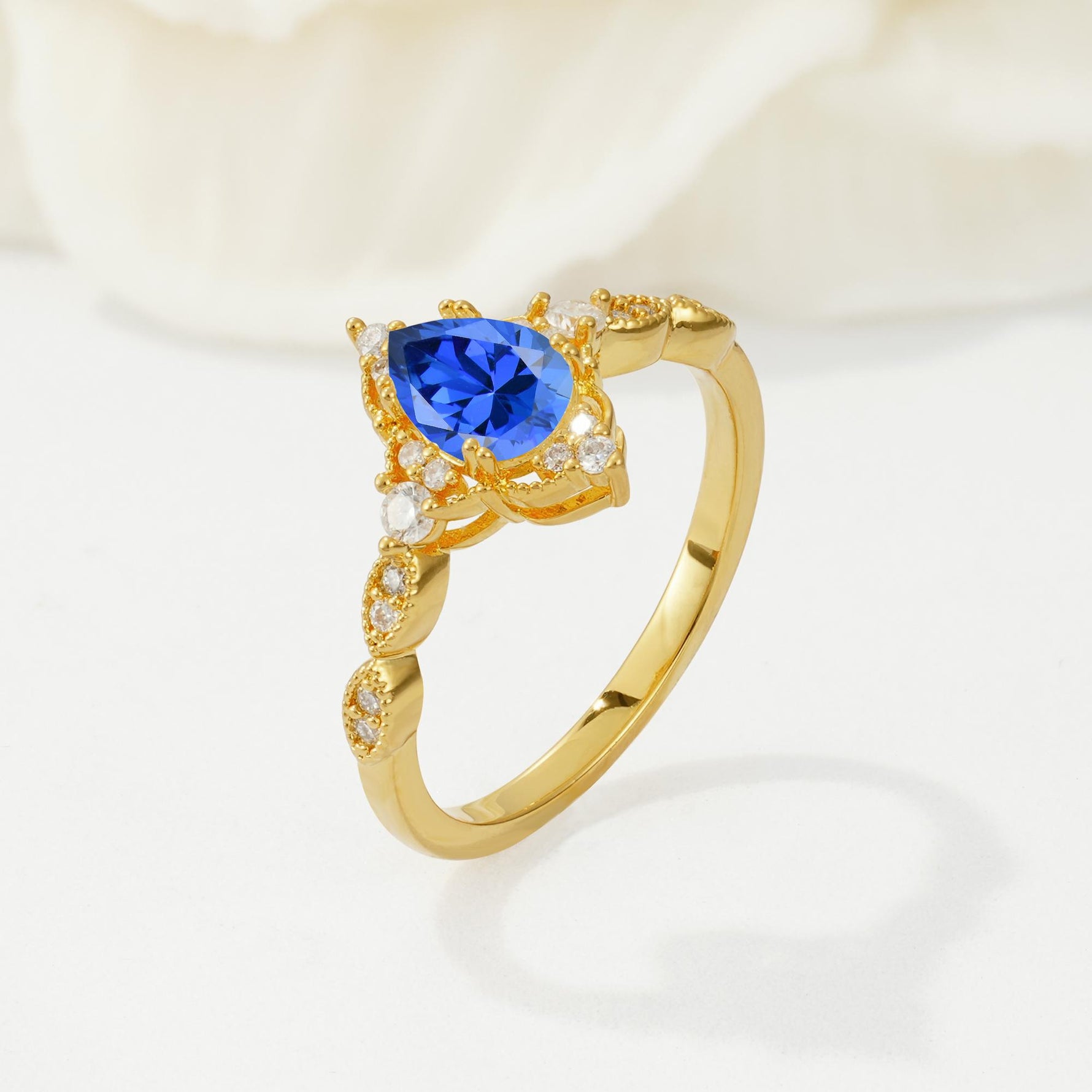 Vintage Pear Cut Sapphire Scalloped Halo Engagement Ring - Additional view