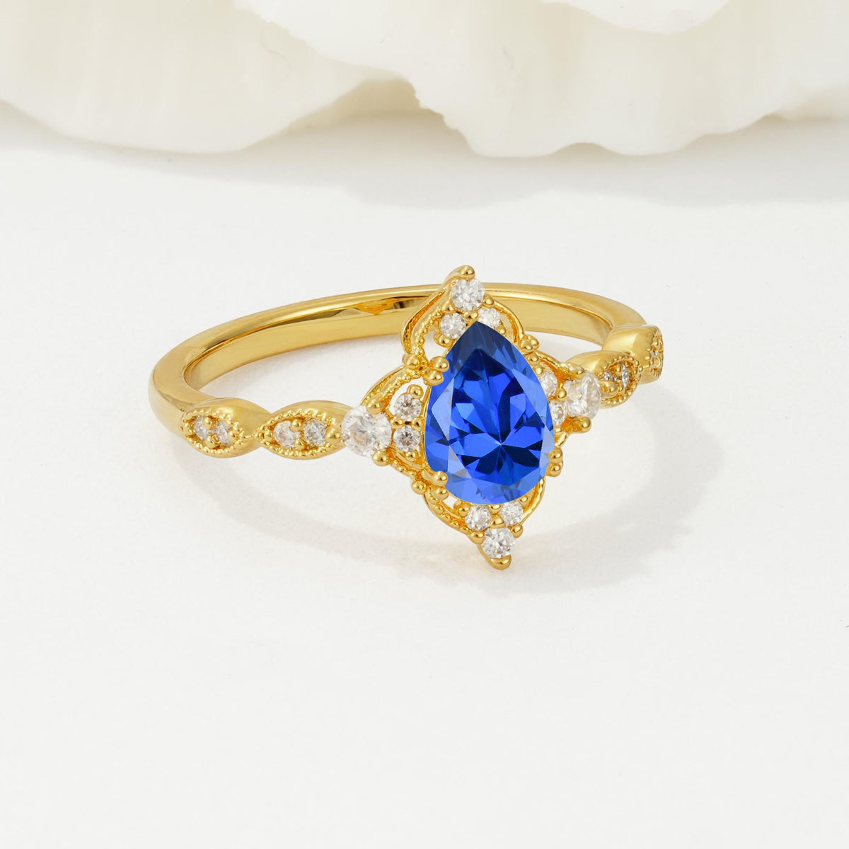 Vintage Pear Cut Sapphire Scalloped Halo Engagement Ring - Additional view