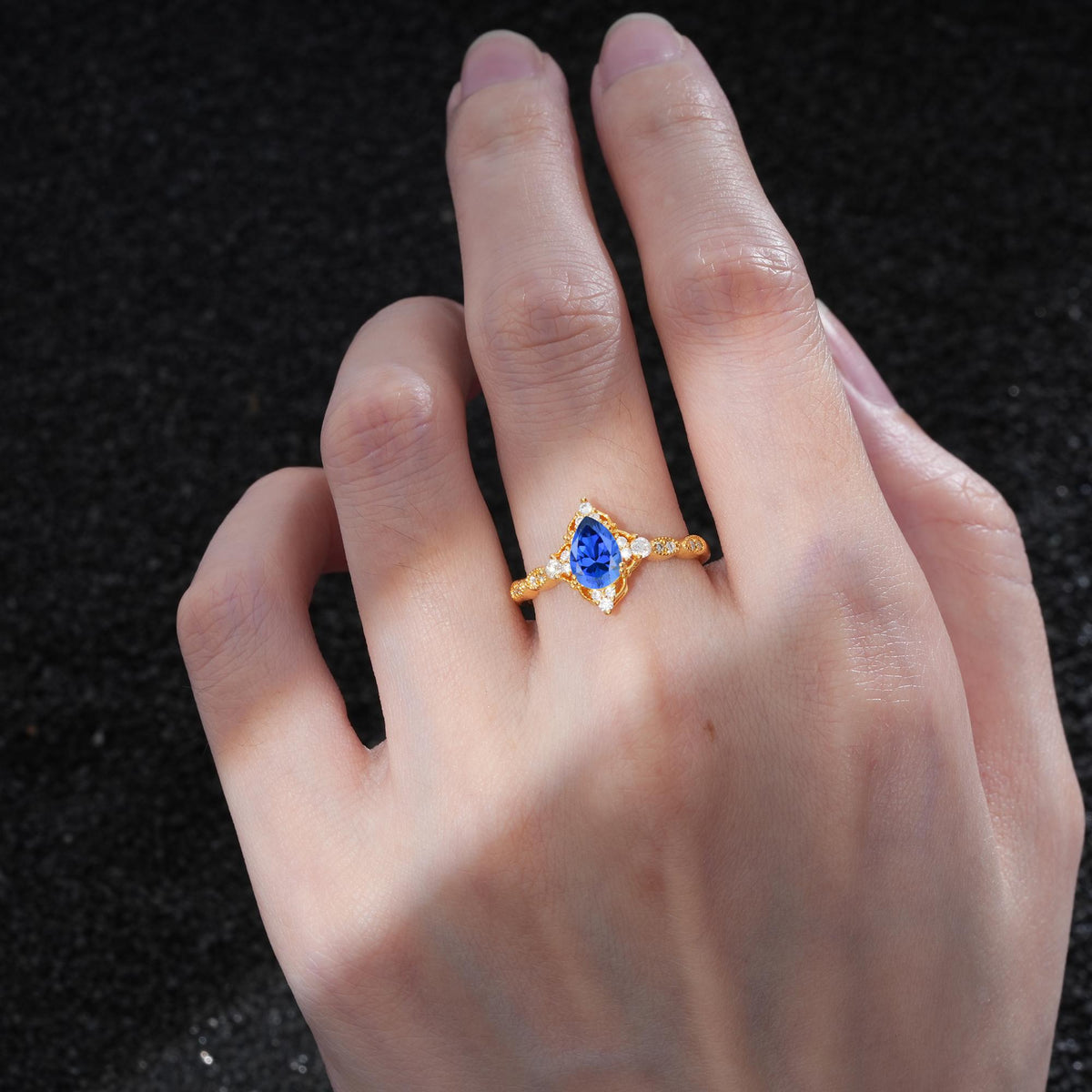 Vintage Pear Cut Sapphire Scalloped Halo Engagement Ring - Additional view
