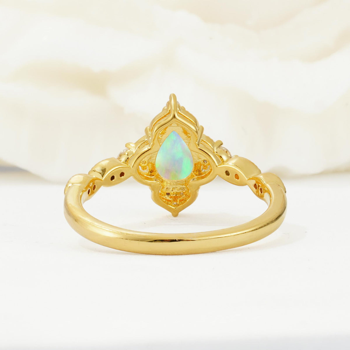 Vintage Pear Cut Fire Opal Scalloped Halo Engagement Ring - Additional view