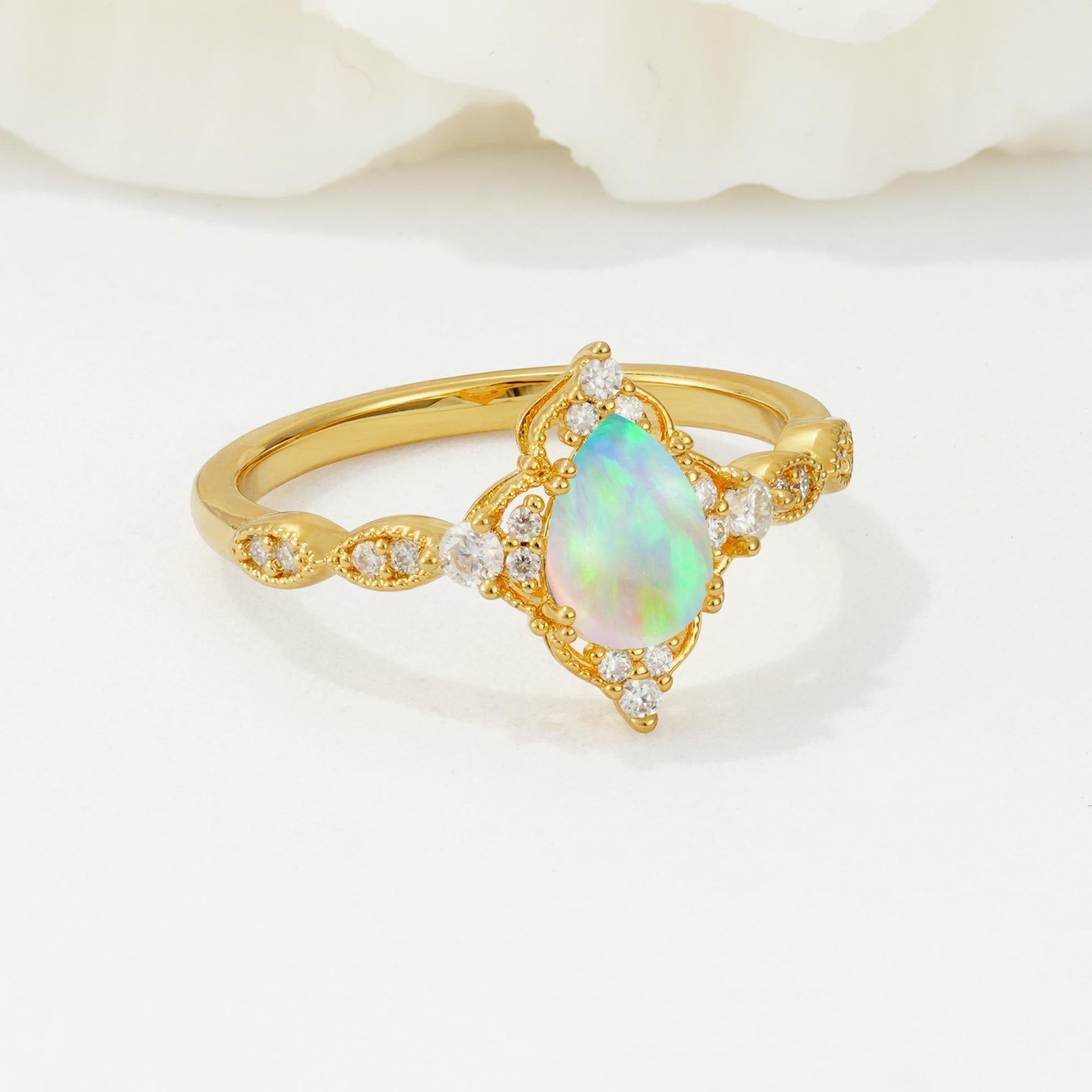 Vintage Pear Cut Fire Opal Scalloped Halo Engagement Ring - Additional view