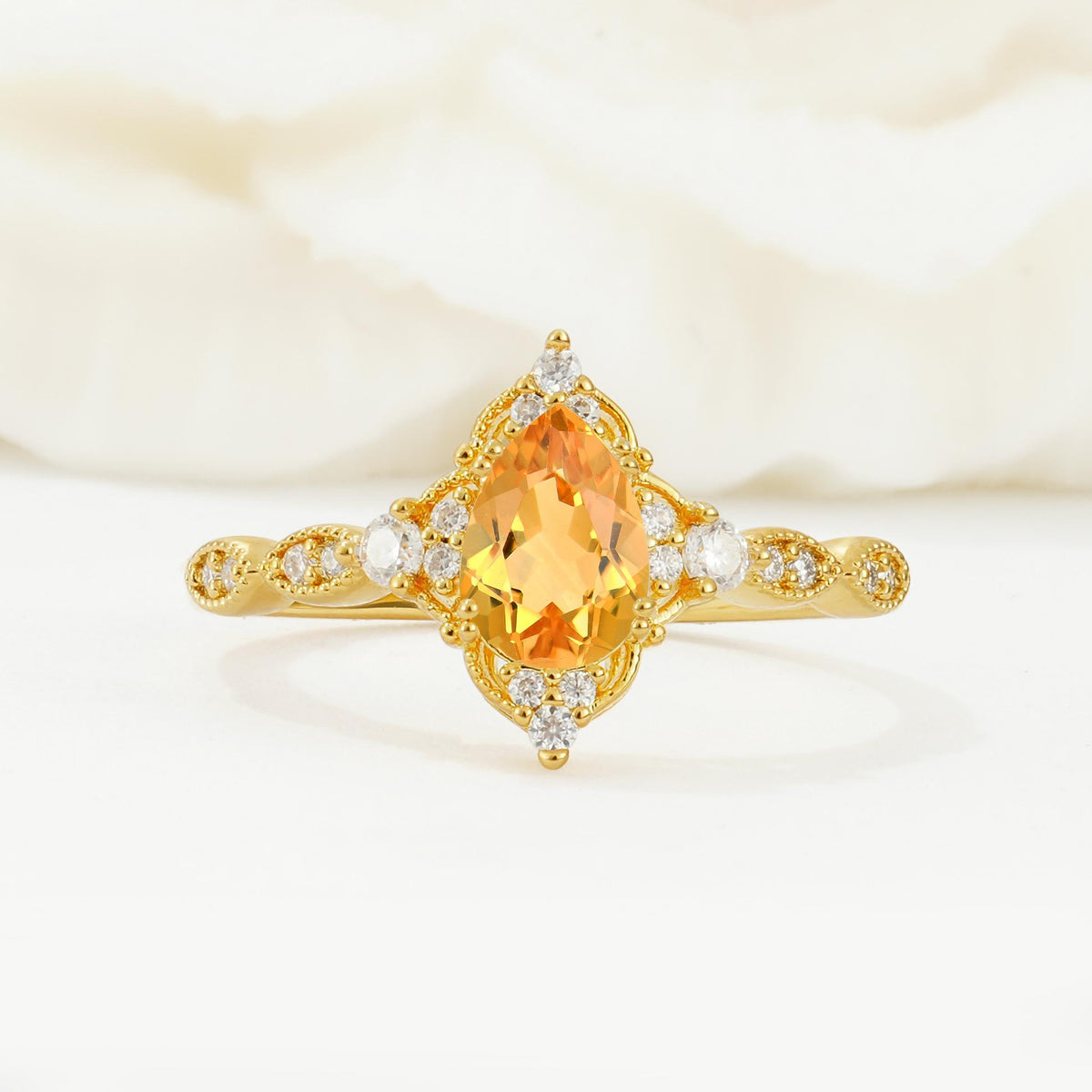 Vintage Pear Cut Citrine Scalloped Halo Engagement Ring - Additional view