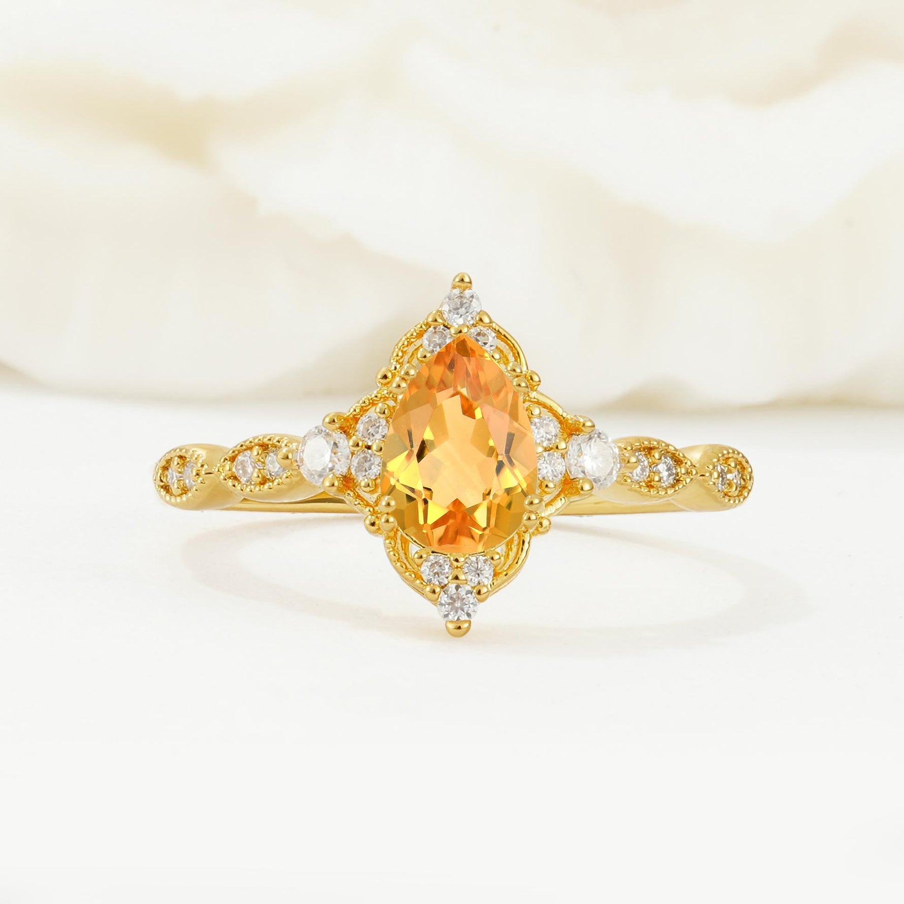 Vintage Pear Cut Citrine Scalloped Halo Engagement Ring - Additional view