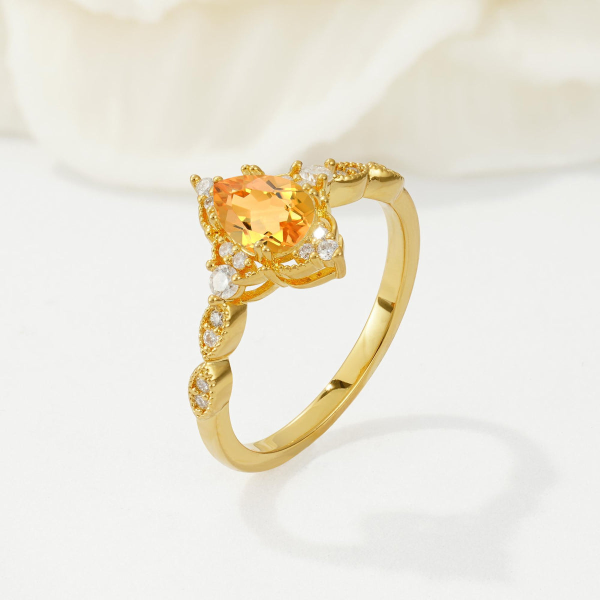 Vintage Pear Cut Citrine Scalloped Halo Engagement Ring - Additional view
