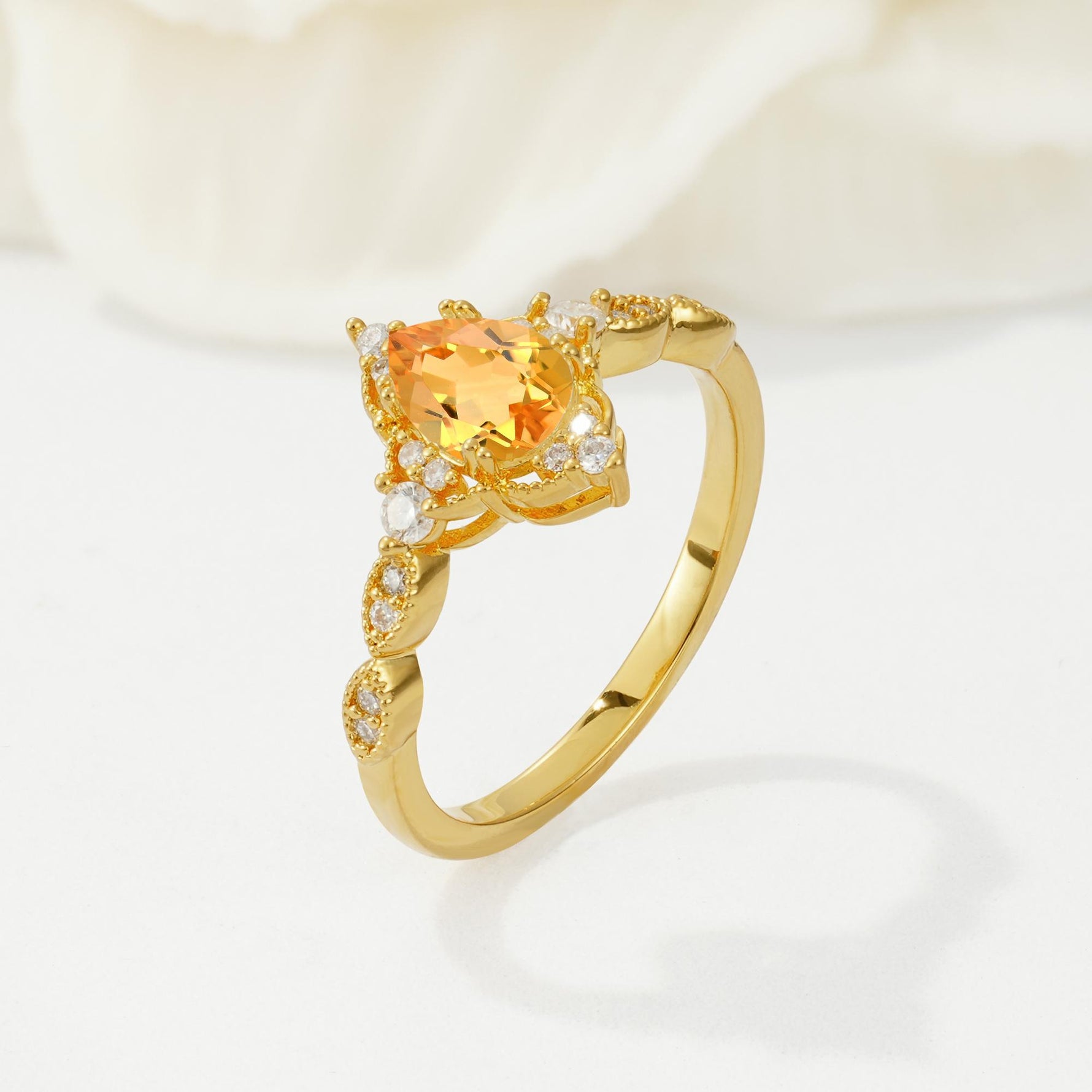 Vintage Pear Cut Citrine Scalloped Halo Engagement Ring - Additional view