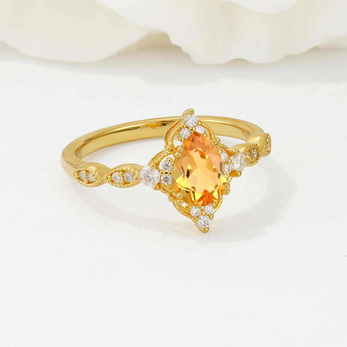 Vintage Pear Cut Citrine Scalloped Halo Engagement Ring - Additional view