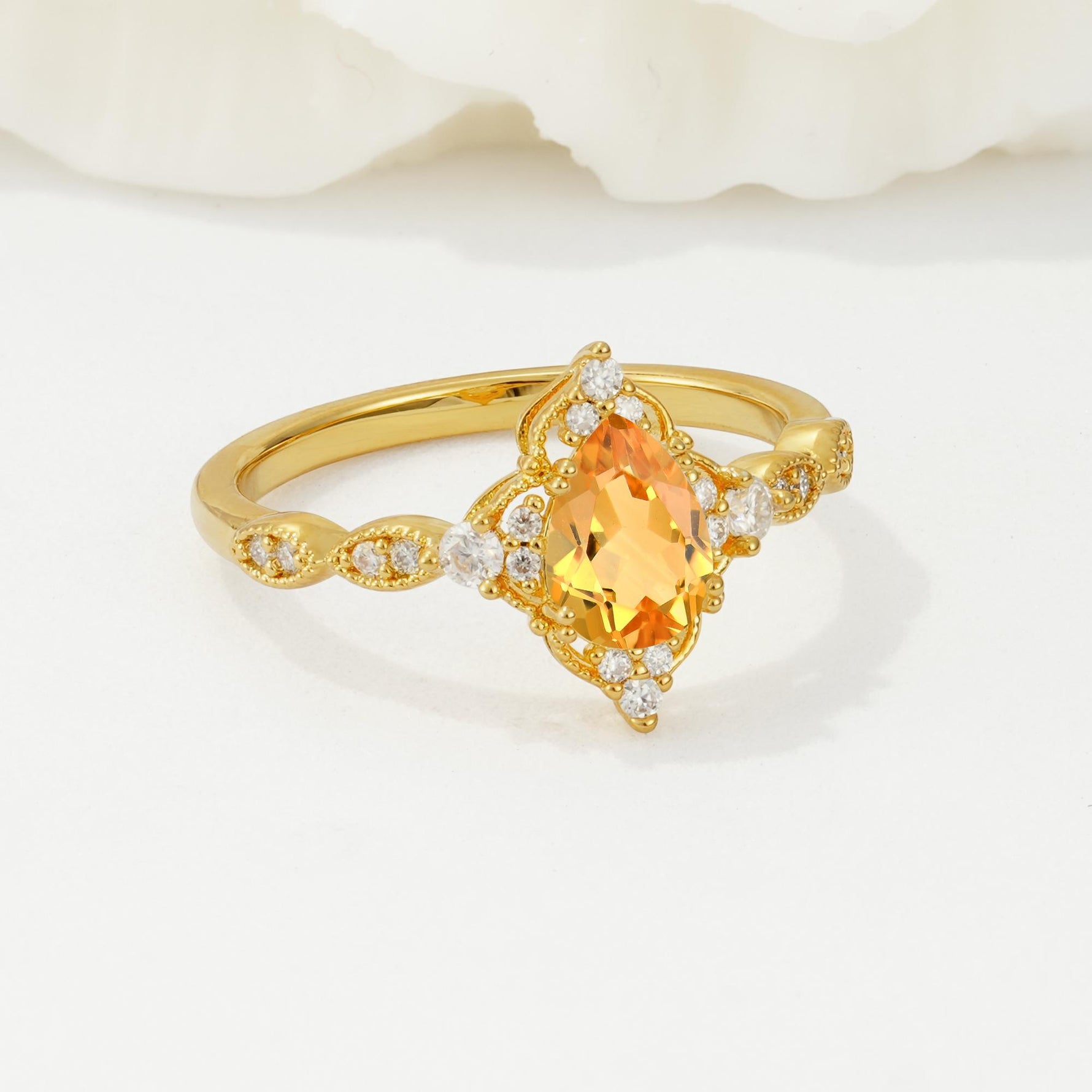 Vintage Pear Cut Citrine Scalloped Halo Engagement Ring - Additional view