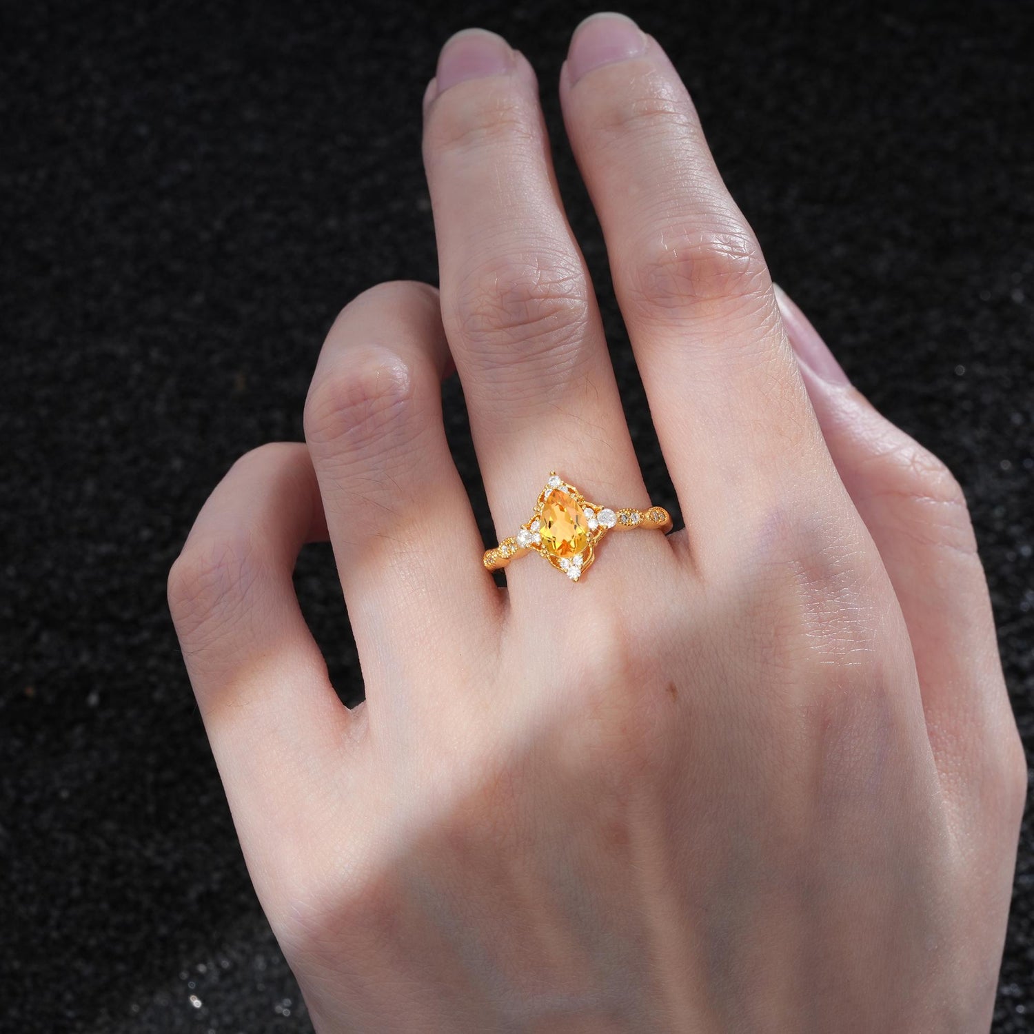 Vintage Pear Cut Citrine Scalloped Halo Engagement Ring - Additional view
