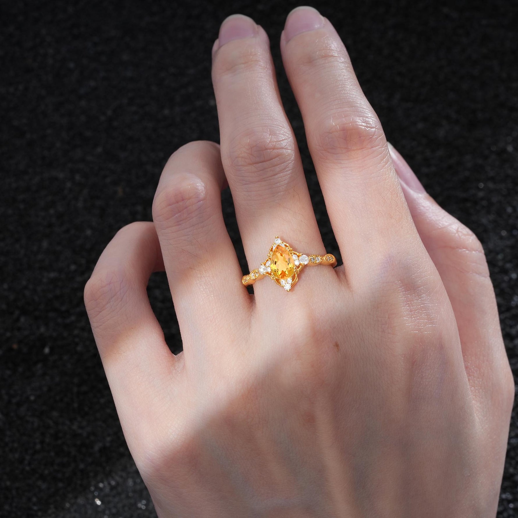Vintage Pear Cut Citrine Scalloped Halo Engagement Ring - Additional view