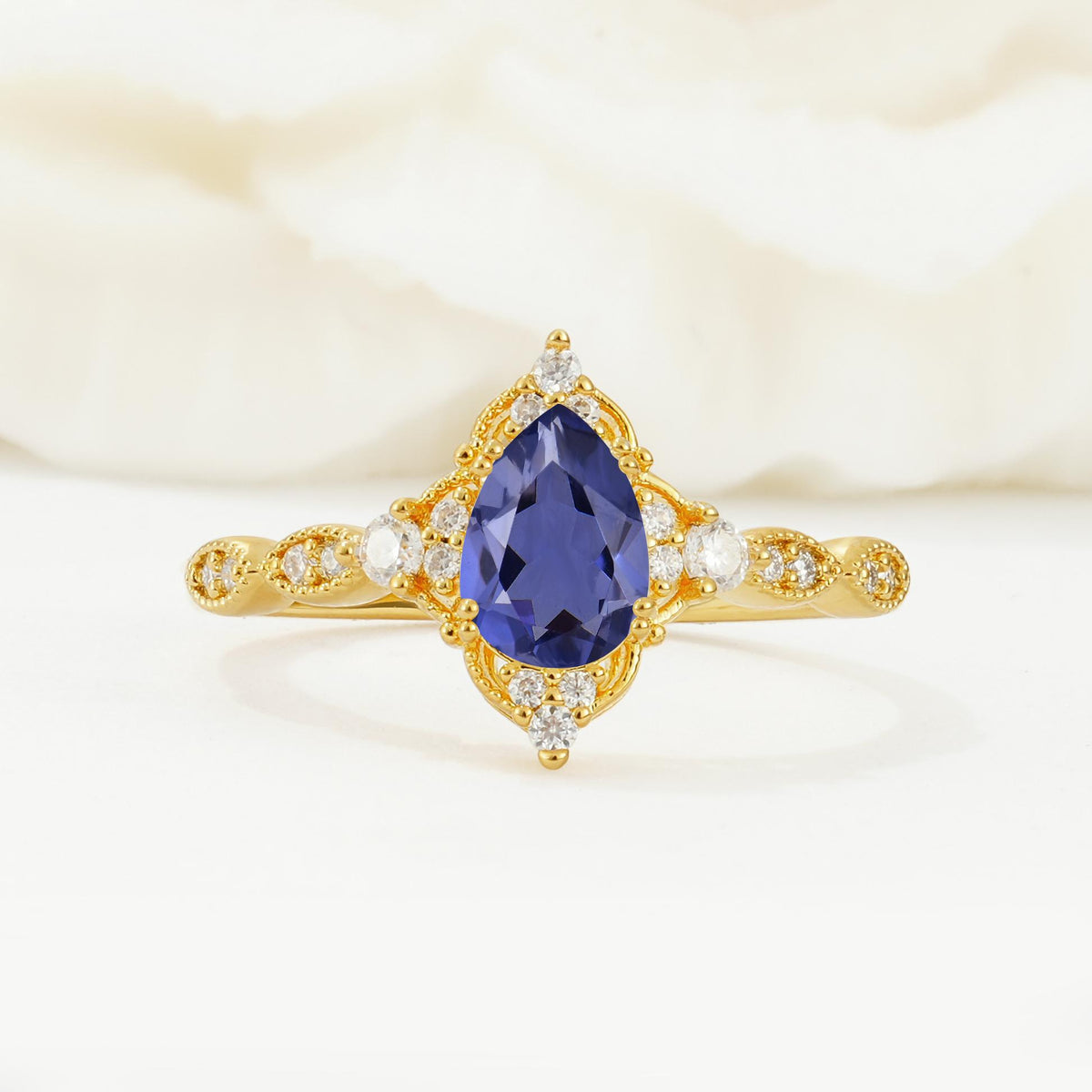 Vintage Pear Cut Tanzanite Scalloped Halo Engagement Ring - Additional view