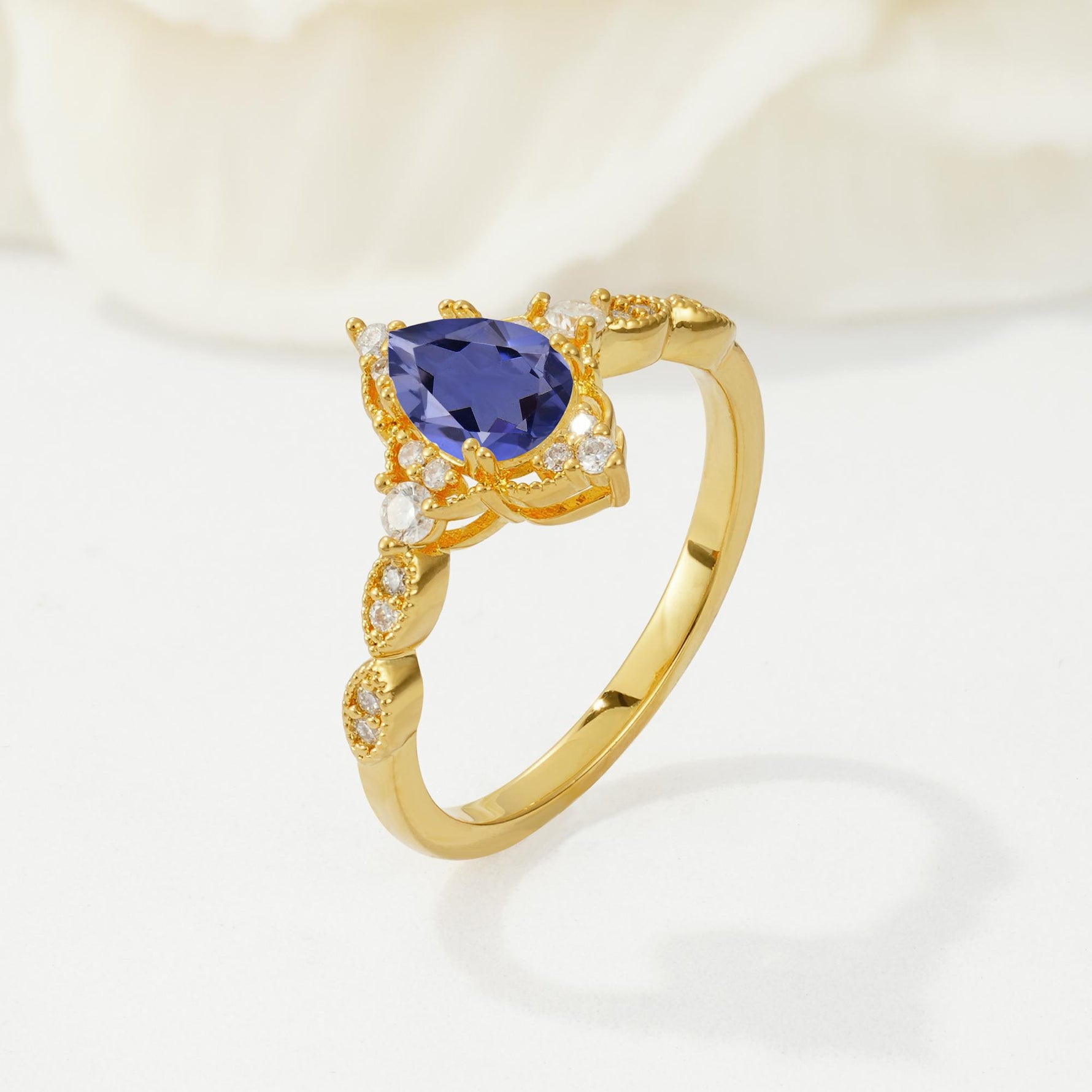 Vintage Pear Cut Tanzanite Scalloped Halo Engagement Ring - Additional view
