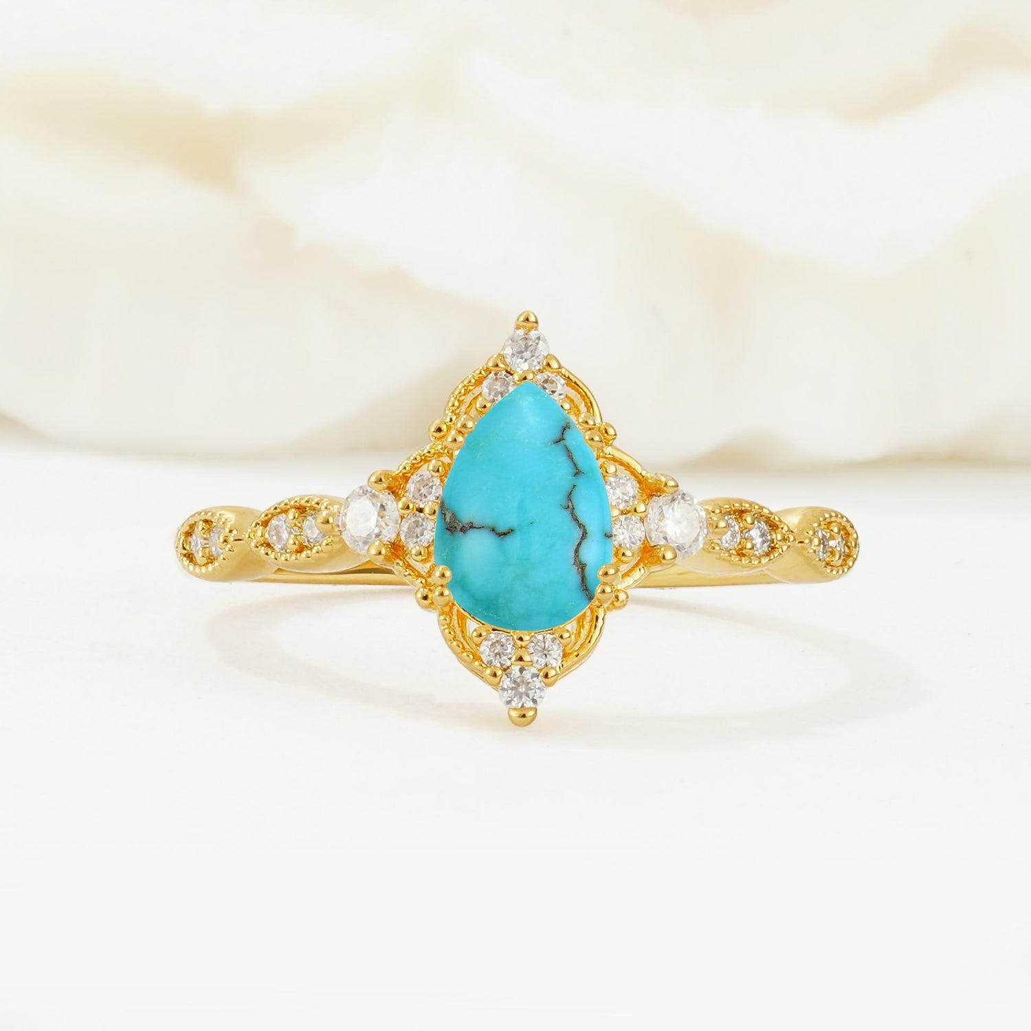 Vintage Pear Cut Turquoise Scalloped Halo Engagement Ring - Additional view