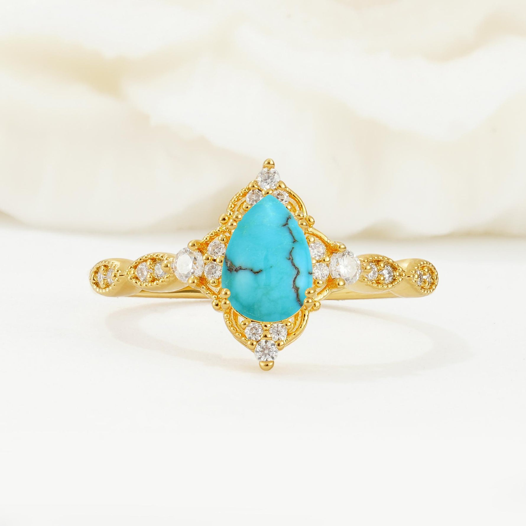 Vintage Pear Cut Turquoise Scalloped Halo Engagement Ring - Additional view